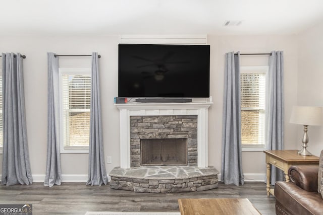 living room featuring wood-type flooring, a fireplace, and a healthy amount of sunlight