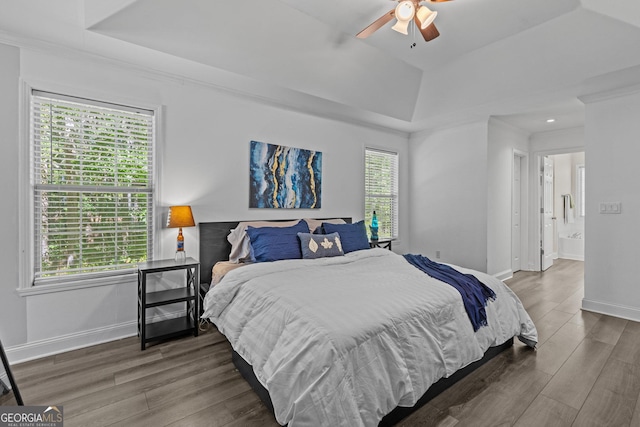 bedroom with ceiling fan, lofted ceiling, dark hardwood / wood-style flooring, and a raised ceiling