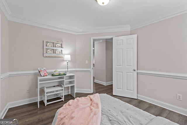 bedroom featuring dark wood-type flooring and ornamental molding