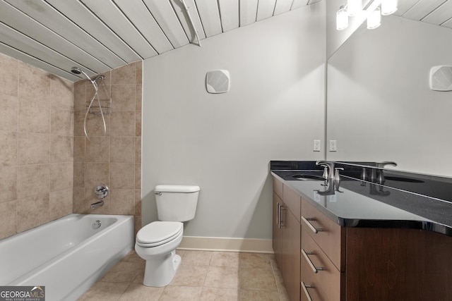 full bathroom featuring tile patterned floors, toilet, wood ceiling, tiled shower / bath, and vanity