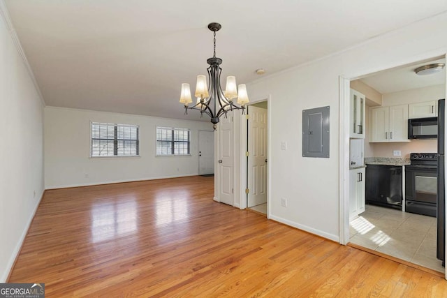 unfurnished dining area with crown molding, electric panel, light hardwood / wood-style floors, and a notable chandelier