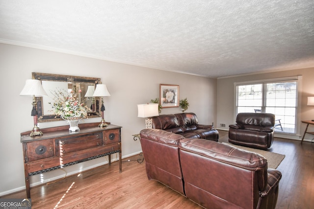 living room featuring a textured ceiling, wood finished floors, and baseboards