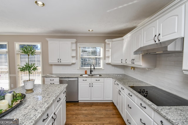 kitchen with black electric stovetop, stainless steel dishwasher, white cabinetry, a sink, and under cabinet range hood