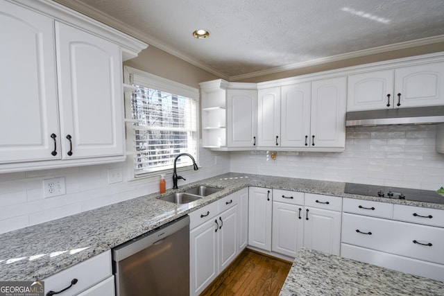 kitchen featuring black electric stovetop, under cabinet range hood, a sink, white cabinetry, and dishwasher