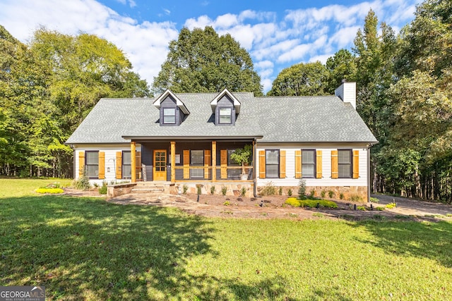 view of front of property featuring a chimney, a front lawn, roof with shingles, and a porch