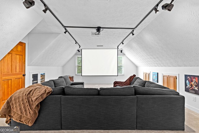 carpeted bedroom with ceiling fan and lofted ceiling