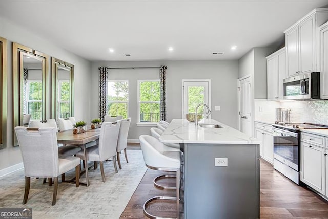 kitchen with stainless steel appliances, sink, a kitchen island with sink, and white cabinets