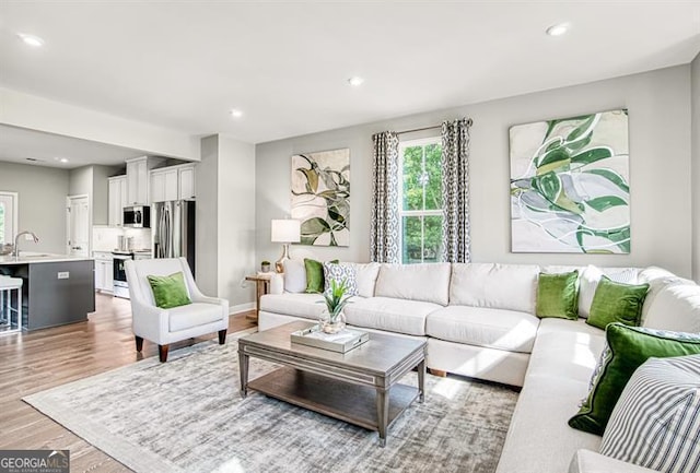 living room featuring sink and light hardwood / wood-style floors