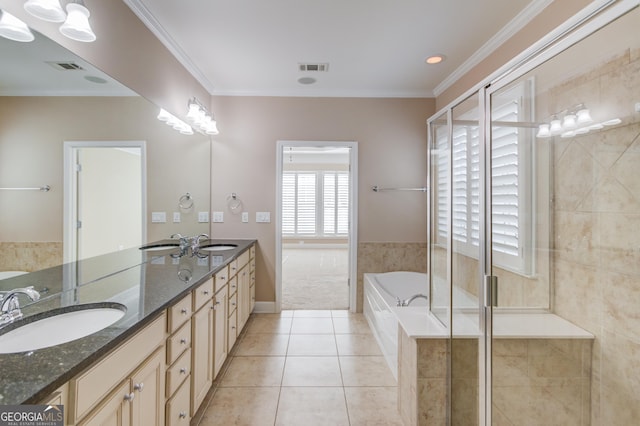 bathroom featuring tile patterned floors, ornamental molding, shower with separate bathtub, and vanity