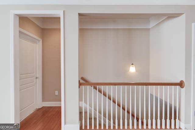 6706 Amherst Dr, Hoschton, GA 30548 - corridor with wood finished floors and ornamental molding