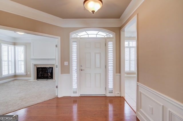 6706 Amherst Dr, Hoschton, GA 30548 - carpeted foyer entrance with ornamental molding, wood finished floors, a wainscoted wall, and a fireplace with flush hearth