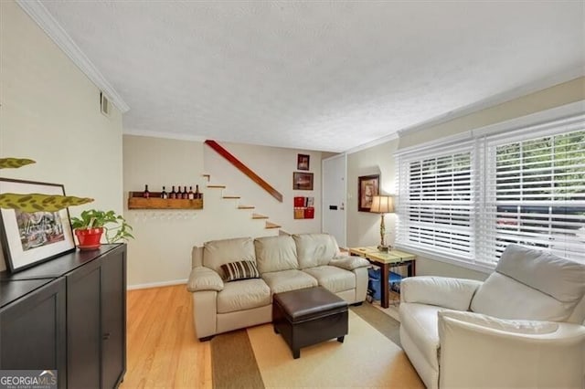 living room with ornamental molding, a textured ceiling, and light hardwood / wood-style flooring