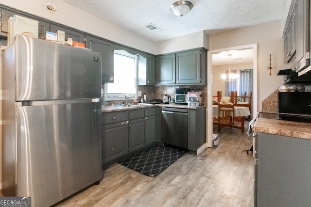 kitchen featuring sink, stainless steel appliances, light hardwood / wood-style floors, and a chandelier