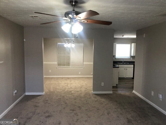 carpeted spare room featuring sink and a textured ceiling