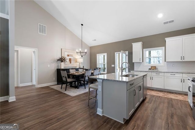 kitchen featuring an island with sink, a sink, visible vents, and white cabinets