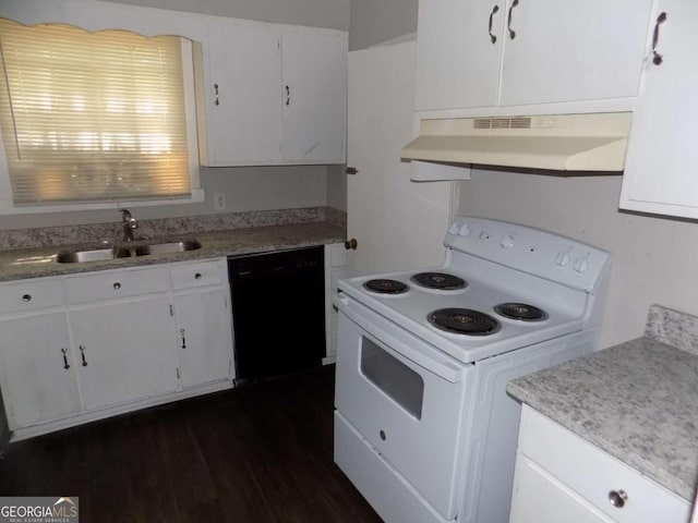 kitchen with sink, dark hardwood / wood-style flooring, dishwasher, white range with electric stovetop, and white cabinets