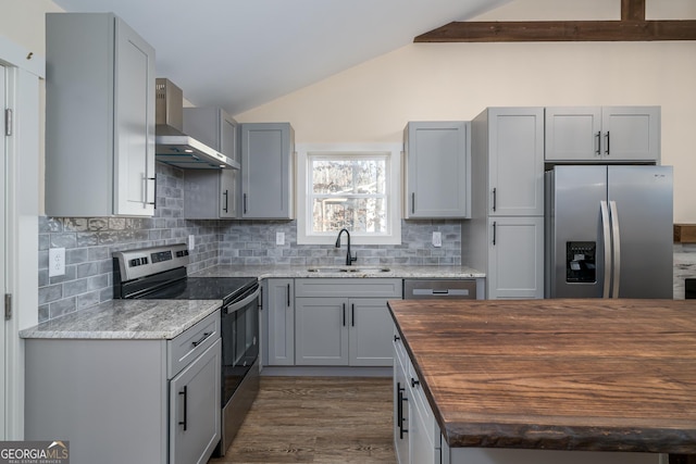 kitchen featuring appliances with stainless steel finishes, butcher block countertops, sink, gray cabinetry, and wall chimney exhaust hood