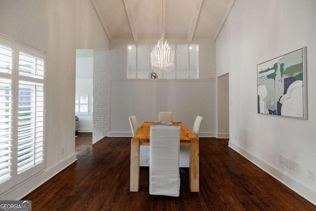 dining area featuring beamed ceiling, dark hardwood / wood-style flooring, high vaulted ceiling, and a notable chandelier