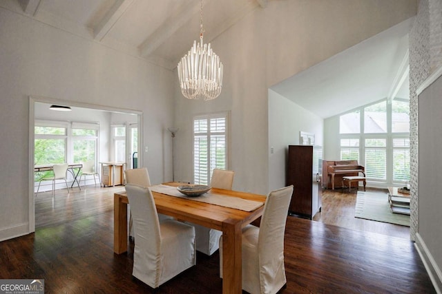 dining space featuring dark hardwood / wood-style flooring, a notable chandelier, and a healthy amount of sunlight