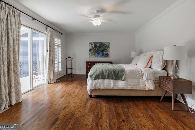 bedroom featuring dark wood-type flooring, access to outside, ornamental molding, and ceiling fan