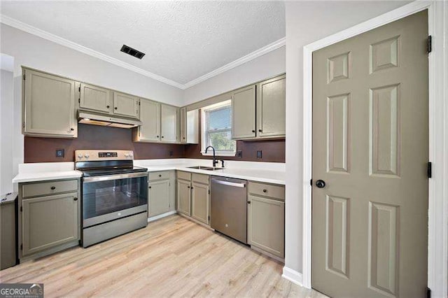 kitchen with sink, ornamental molding, stainless steel appliances, a textured ceiling, and light hardwood / wood-style flooring