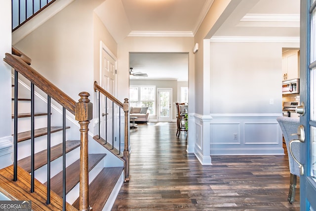 entrance foyer featuring a decorative wall, dark wood-type flooring, stairs, wainscoting, and crown molding