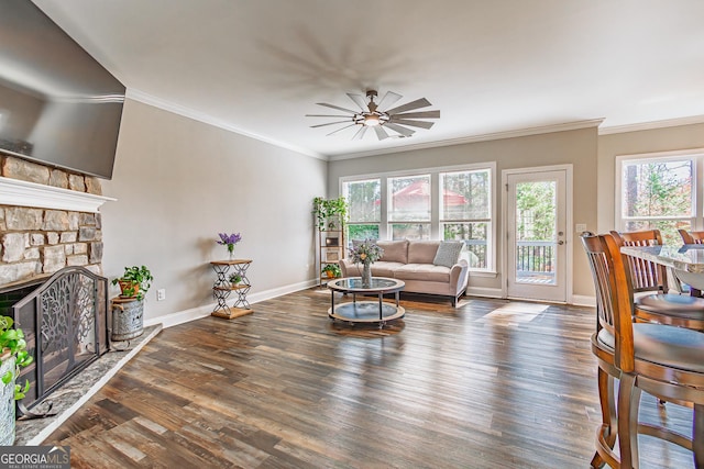 living area with baseboards, a fireplace, wood finished floors, and crown molding