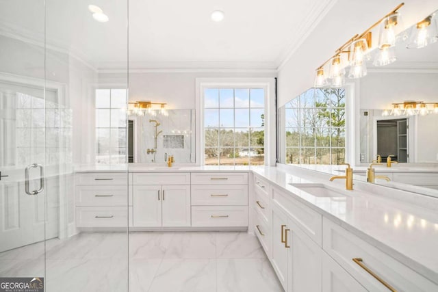 bathroom with crown molding, vanity, and an enclosed shower