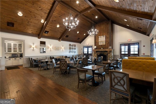 dining room featuring beam ceiling, wooden ceiling, and a healthy amount of sunlight