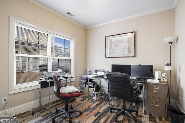 office area featuring dark hardwood / wood-style flooring and crown molding