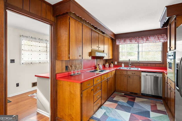 kitchen with appliances with stainless steel finishes, sink, and light hardwood / wood-style flooring