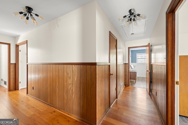 hall with wooden walls and light hardwood / wood-style floors