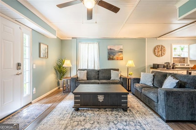 4297 Earney Rd, Woodstock, GA 30188 - living area featuring wood finished floors and ceiling fan