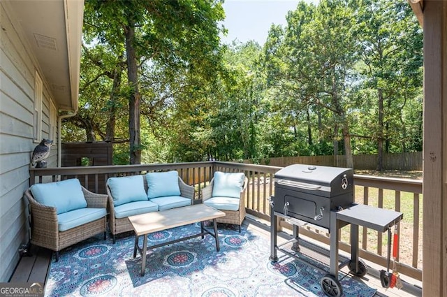 4297 Earney Rd, Woodstock, GA 30188 - wooden terrace with outdoor lounge area, a fenced backyard, and grilling area