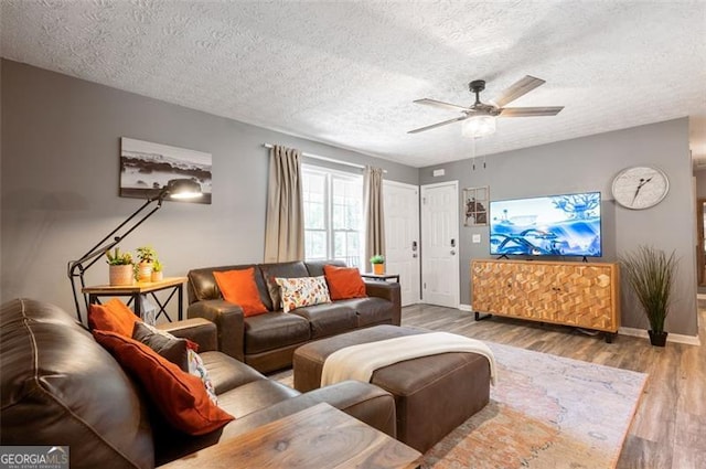 living room featuring hardwood / wood-style flooring, ceiling fan, and a textured ceiling