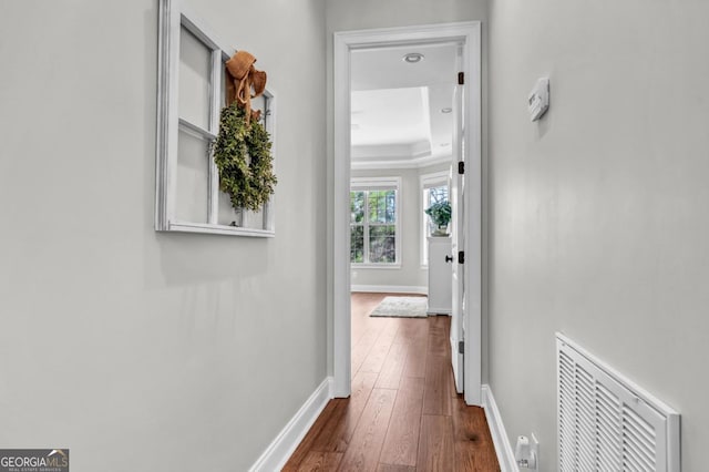 hall with dark hardwood / wood-style floors and a raised ceiling