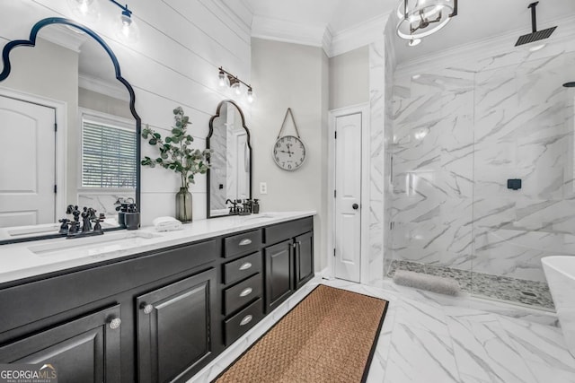 bathroom featuring ornamental molding, shower with separate bathtub, and vanity