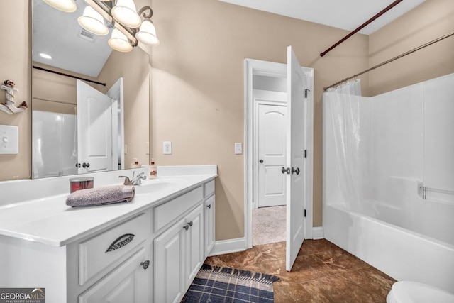 bathroom with vanity, shower / bathtub combination with curtain, and a notable chandelier