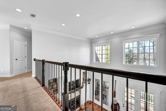 hallway featuring crown molding and carpet floors