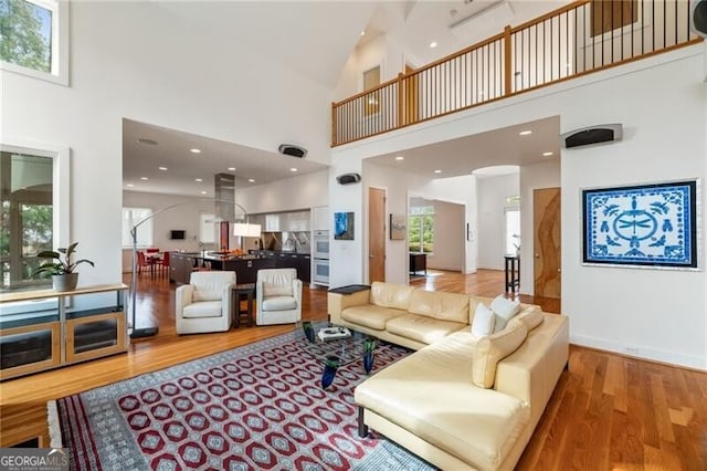 living room with hardwood / wood-style floors, a towering ceiling, and a wealth of natural light