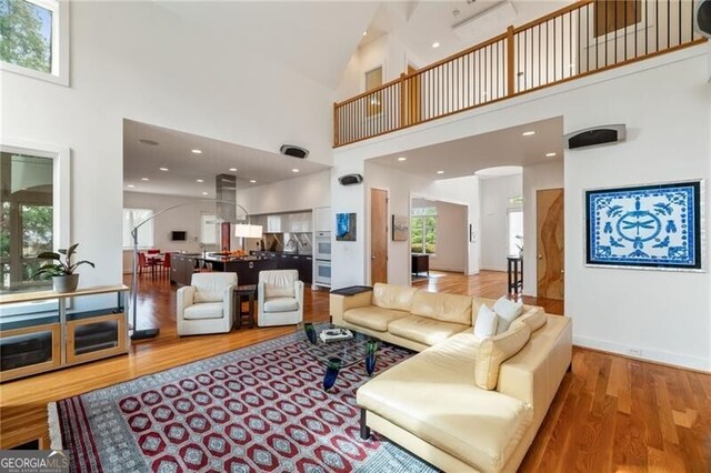 living room with hardwood / wood-style flooring, a high ceiling, and a wealth of natural light