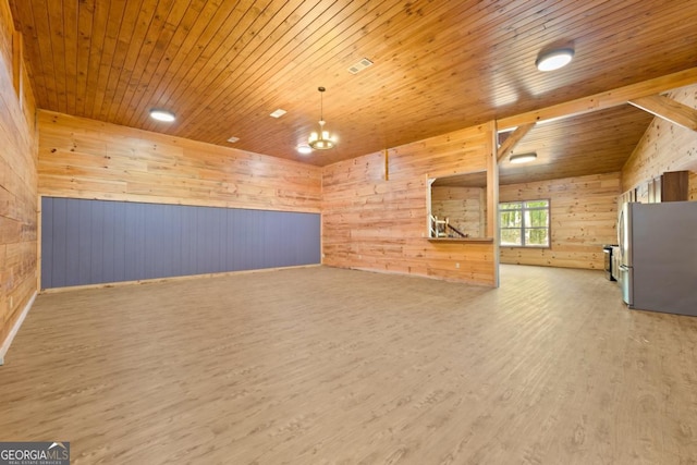 empty room with hardwood / wood-style flooring, wooden walls, and wooden ceiling