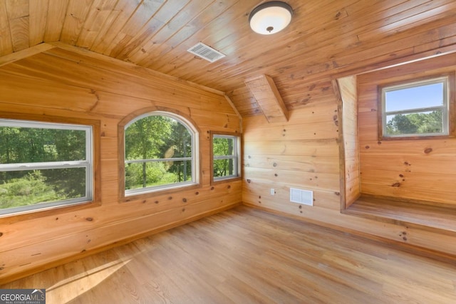 bonus room featuring wooden walls, vaulted ceiling, light hardwood / wood-style flooring, and wooden ceiling