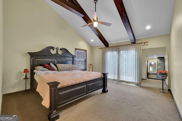 carpeted bedroom with ceiling fan, high vaulted ceiling, and beam ceiling