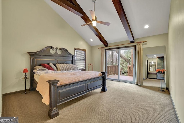 bedroom featuring ceiling fan, high vaulted ceiling, light carpet, access to outside, and beamed ceiling