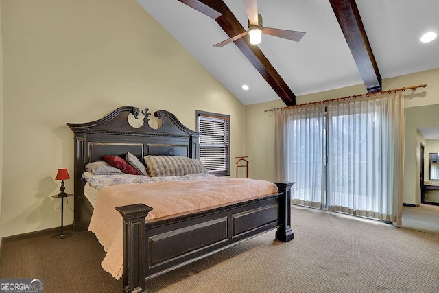 carpeted bedroom featuring beam ceiling, high vaulted ceiling, and ceiling fan