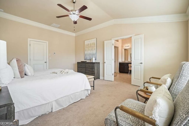 bedroom featuring crown molding, light colored carpet, ceiling fan, and vaulted ceiling