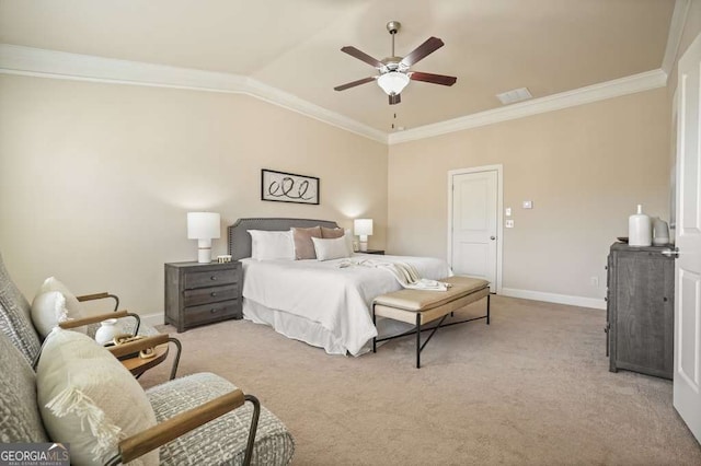 bedroom with ceiling fan, light colored carpet, ornamental molding, and lofted ceiling