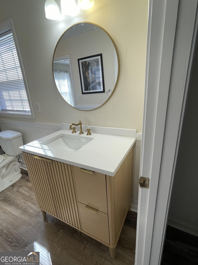 bathroom featuring vanity, toilet, wood finished floors, and wainscoting