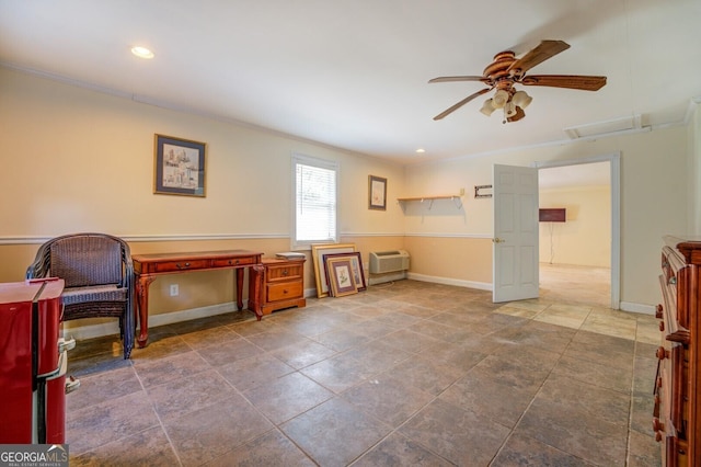 living area featuring recessed lighting, baseboards, ceiling fan, and ornamental molding